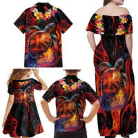 Hawaiian Turtle with Volcanic Eruption Family Matching Off Shoulder Maxi Dress and Hawaiian Shirt Hibiscus Lei and Lava Flow an Abstract Texture LT03 - Polynesian Pride