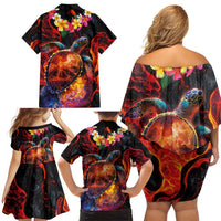 Hawaiian Turtle with Volcanic Eruption Family Matching Off Shoulder Short Dress and Hawaiian Shirt Hibiscus Lei and Lava Flow an Abstract Texture
