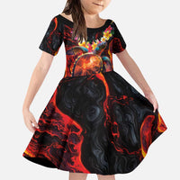 Hawaiian Turtle with Volcanic Eruption Family Matching Puletasi and Hawaiian Shirt Hibiscus Lei and Lava Flow an Abstract Texture LT03 Daughter's Dress Black - Polynesian Pride
