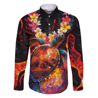 Hawaiian Turtle with Volcanic Eruption Family Matching Puletasi and Hawaiian Shirt Hibiscus Lei and Lava Flow an Abstract Texture LT03 Dad's Shirt - Long Sleeve Black - Polynesian Pride