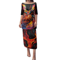 Hawaiian Turtle with Volcanic Eruption Family Matching Puletasi and Hawaiian Shirt Hibiscus Lei and Lava Flow an Abstract Texture LT03 Mom's Dress Black - Polynesian Pride