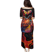 Hawaiian Turtle with Volcanic Eruption Family Matching Puletasi and Hawaiian Shirt Hibiscus Lei and Lava Flow an Abstract Texture LT03 - Polynesian Pride