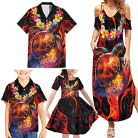 Hawaiian Turtle with Volcanic Eruption Family Matching Summer Maxi Dress and Hawaiian Shirt Hibiscus Lei and Lava Flow an Abstract Texture