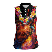 Hawaiian Turtle with Volcanic Eruption Women Sleeveless Polo Shirt Hibiscus Lei and Lava Flow an Abstract Texture LT03 Female Black - Polynesian Pride