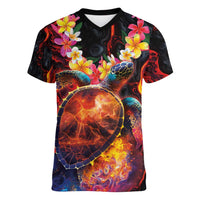 Hawaiian Turtle with Volcanic Eruption Women V-Neck T-Shirt Hibiscus Lei and Lava Flow an Abstract Texture LT03 Female Black - Polynesian Pride