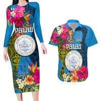 Palau Independence Day Couples Matching Long Sleeve Bodycon Dress and Hawaiian Shirt 1st October 30th Anniversary Polynesian Jungle Flower LT03 Blue - Polynesian Pride