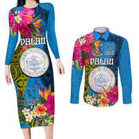 Palau Independence Day Couples Matching Long Sleeve Bodycon Dress and Long Sleeve Button Shirt 1st October 30th Anniversary Polynesian Jungle Flower LT03 Blue - Polynesian Pride