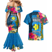 Palau Independence Day Couples Matching Mermaid Dress and Hawaiian Shirt 1st October 30th Anniversary Polynesian Jungle Flower LT03 - Polynesian Pride