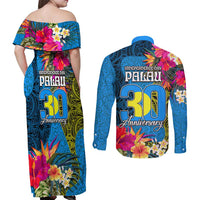 Palau Independence Day Couples Matching Off Shoulder Maxi Dress and Long Sleeve Button Shirt 1st October 30th Anniversary Polynesian Jungle Flower LT03 - Polynesian Pride