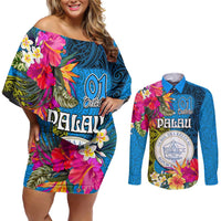 Palau Independence Day Couples Matching Off Shoulder Short Dress and Long Sleeve Button Shirt 1st October 30th Anniversary Polynesian Jungle Flower LT03 Blue - Polynesian Pride