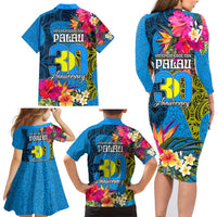 Palau Independence Day Family Matching Long Sleeve Bodycon Dress and Hawaiian Shirt 1st October 30th Anniversary Polynesian Jungle Flower LT03 - Polynesian Pride