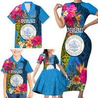 Palau Independence Day Family Matching Short Sleeve Bodycon Dress and Hawaiian Shirt 1st October 30th Anniversary Polynesian Jungle Flower LT03 - Polynesian Pride