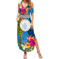 Palau Independence Day Family Matching Summer Maxi Dress and Hawaiian Shirt 1st October 30th Anniversary Polynesian Jungle Flower LT03 Mom's Dress Blue - Polynesian Pride