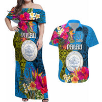 Personalised Palau Independence Day Couples Matching Off Shoulder Maxi Dress and Hawaiian Shirt 1st October 30th Anniversary Polynesian Jungle Flower LT03 Blue - Polynesian Pride