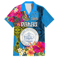 Personalised Palau Independence Day Family Matching Summer Maxi Dress and Hawaiian Shirt 1st October 30th Anniversary Polynesian Jungle Flower LT03 Dad's Shirt - Short Sleeve Blue - Polynesian Pride