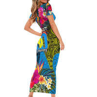 Personalised Palau Independence Day Short Sleeve Bodycon Dress 1st October 30th Anniversary Polynesian Jungle Flower