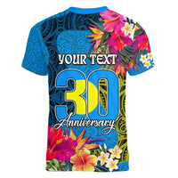 Personalised Palau Independence Day Women V-Neck T-Shirt 1st October 30th Anniversary Polynesian Jungle Flower LT03 - Polynesian Pride