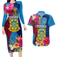 Tuvalu Independence Day Couples Matching Long Sleeve Bodycon Dress and Hawaiian Shirt 1st October 46th Anniversary Polynesian Jungle Flower LT03 Blue - Polynesian Pride