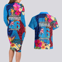 Tuvalu Independence Day Couples Matching Long Sleeve Bodycon Dress and Hawaiian Shirt 1st October 46th Anniversary Polynesian Jungle Flower LT03 - Polynesian Pride