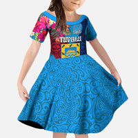 Tuvalu Independence Day Family Matching Mermaid Dress and Hawaiian Shirt 1st October 46th Anniversary Polynesian Jungle Flower LT03 Daughter's Dress Blue - Polynesian Pride
