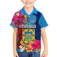 Tuvalu Independence Day Family Matching Off Shoulder Maxi Dress and Hawaiian Shirt 1st October 46th Anniversary Polynesian Jungle Flower LT03 Son's Shirt Blue - Polynesian Pride