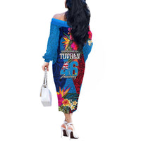 Tuvalu Independence Day Off The Shoulder Long Sleeve Dress 1st October 46th Anniversary Polynesian Jungle Flower