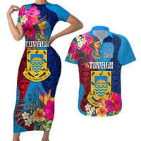 Personalised Tuvalu Independence Day Couples Matching Short Sleeve Bodycon Dress and Hawaiian Shirt 1st October 46th Anniversary Polynesian Jungle Flower LT03 Blue - Polynesian Pride