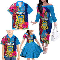 Personalised Tuvalu Independence Day Family Matching Off The Shoulder Long Sleeve Dress and Hawaiian Shirt 1st October 46th Anniversary Polynesian Jungle Flower LT03 - Polynesian Pride