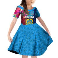 Personalised Tuvalu Independence Day Family Matching Off Shoulder Short Dress and Hawaiian Shirt 1st October 46th Anniversary Polynesian Jungle Flower LT03 Daughter's Dress Blue - Polynesian Pride
