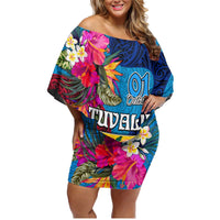 Personalised Tuvalu Independence Day Family Matching Off Shoulder Short Dress and Hawaiian Shirt 1st October 46th Anniversary Polynesian Jungle Flower LT03 Mom's Dress Blue - Polynesian Pride