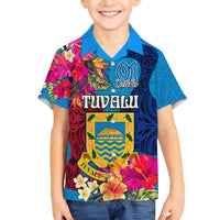 Personalised Tuvalu Independence Day Family Matching Off Shoulder Short Dress and Hawaiian Shirt 1st October 46th Anniversary Polynesian Jungle Flower LT03 Son's Shirt Blue - Polynesian Pride