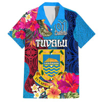 Personalised Tuvalu Independence Day Family Matching Tank Maxi Dress and Hawaiian Shirt 1st October 46th Anniversary Polynesian Jungle Flower LT03 Dad's Shirt - Short Sleeve Blue - Polynesian Pride