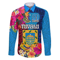 Personalised Tuvalu Independence Day Family Matching Tank Maxi Dress and Hawaiian Shirt 1st October 46th Anniversary Polynesian Jungle Flower LT03 Dad's Shirt - Long Sleeve Blue - Polynesian Pride