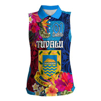 Personalised Tuvalu Independence Day Women Sleeveless Polo Shirt 1st October 46th Anniversary Polynesian Jungle Flower LT03 Female Blue - Polynesian Pride
