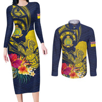 Niue Independence Day Couples Matching Long Sleeve Bodycon Dress and Long Sleeve Button Shirt Hiapo Pattern Hibiscus Plumeria and Uga LT03 Yellow - Polynesian Pride