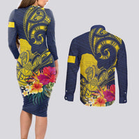 Niue Independence Day Couples Matching Long Sleeve Bodycon Dress and Long Sleeve Button Shirt Hiapo Pattern Hibiscus Plumeria and Uga LT03 - Polynesian Pride