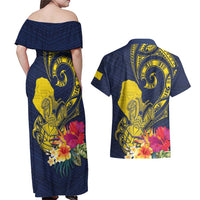 Niue Independence Day Couples Matching Off Shoulder Maxi Dress and Hawaiian Shirt Hiapo Pattern Hibiscus Plumeria and Uga LT03 - Polynesian Pride