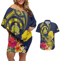 Niue Independence Day Couples Matching Off Shoulder Short Dress and Hawaiian Shirt Hiapo Pattern Hibiscus Plumeria and Uga LT03 Yellow - Polynesian Pride