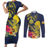 Niue Independence Day Couples Matching Short Sleeve Bodycon Dress and Long Sleeve Button Shirt Hiapo Pattern Hibiscus Plumeria and Uga LT03 Yellow - Polynesian Pride