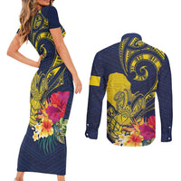 Niue Independence Day Couples Matching Short Sleeve Bodycon Dress and Long Sleeve Button Shirt Hiapo Pattern Hibiscus Plumeria and Uga LT03 - Polynesian Pride