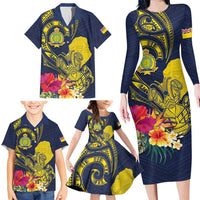 Niue Independence Day Family Matching Long Sleeve Bodycon Dress and Hawaiian Shirt Hiapo Pattern Hibiscus Plumeria and Uga LT03 - Polynesian Pride