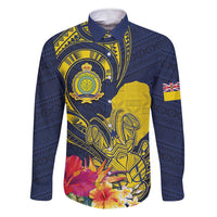Niue Independence Day Family Matching Mermaid Dress and Hawaiian Shirt Hiapo Pattern Hibiscus Plumeria and Uga LT03 Dad's Shirt - Long Sleeve Yellow - Polynesian Pride