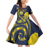 Niue Independence Day Family Matching Off Shoulder Short Dress and Hawaiian Shirt Hiapo Pattern Hibiscus Plumeria and Uga LT03 Daughter's Dress Yellow - Polynesian Pride