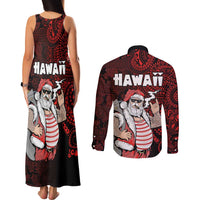 Hawaii Aloha Santa Claus Funny Polynesian Tattoo Couples Matching Tank Maxi Dress and Long Sleeve Button Shirt Red Color