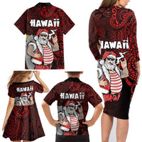 Hawaii Aloha Santa Claus Funny Polynesian Tattoo Family Matching Long Sleeve Bodycon Dress and Hawaiian Shirt Red Color LT03 - Polynesian Pride