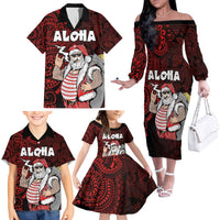 Hawaii Aloha Santa Claus Funny Polynesian Tattoo Family Matching Off The Shoulder Long Sleeve Dress and Hawaiian Shirt Red Color LT03 - Polynesian Pride