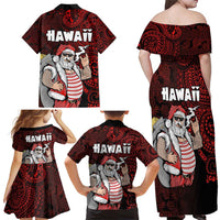 Hawaii Aloha Santa Claus Funny Polynesian Tattoo Family Matching Off Shoulder Maxi Dress and Hawaiian Shirt Red Color LT03 - Polynesian Pride