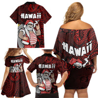 Hawaii Aloha Santa Claus Funny Polynesian Tattoo Family Matching Off Shoulder Short Dress and Hawaiian Shirt Red Color LT03 - Polynesian Pride