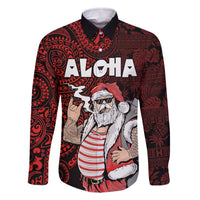 Hawaii Aloha Santa Claus Funny Polynesian Tattoo Family Matching Off Shoulder Short Dress and Hawaiian Shirt Red Color LT03 Dad's Shirt - Long Sleeve Red - Polynesian Pride