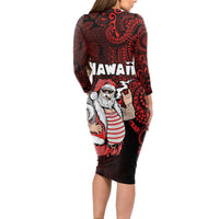 Hawaii Aloha Santa Claus Funny Polynesian Tattoo Long Sleeve Bodycon Dress Red Color LT03 - Polynesian Pride